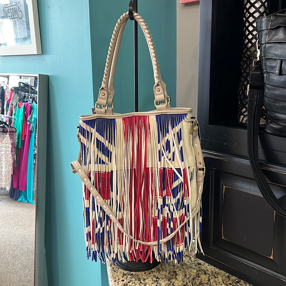 Steve Madden Union Jack fringe purse.